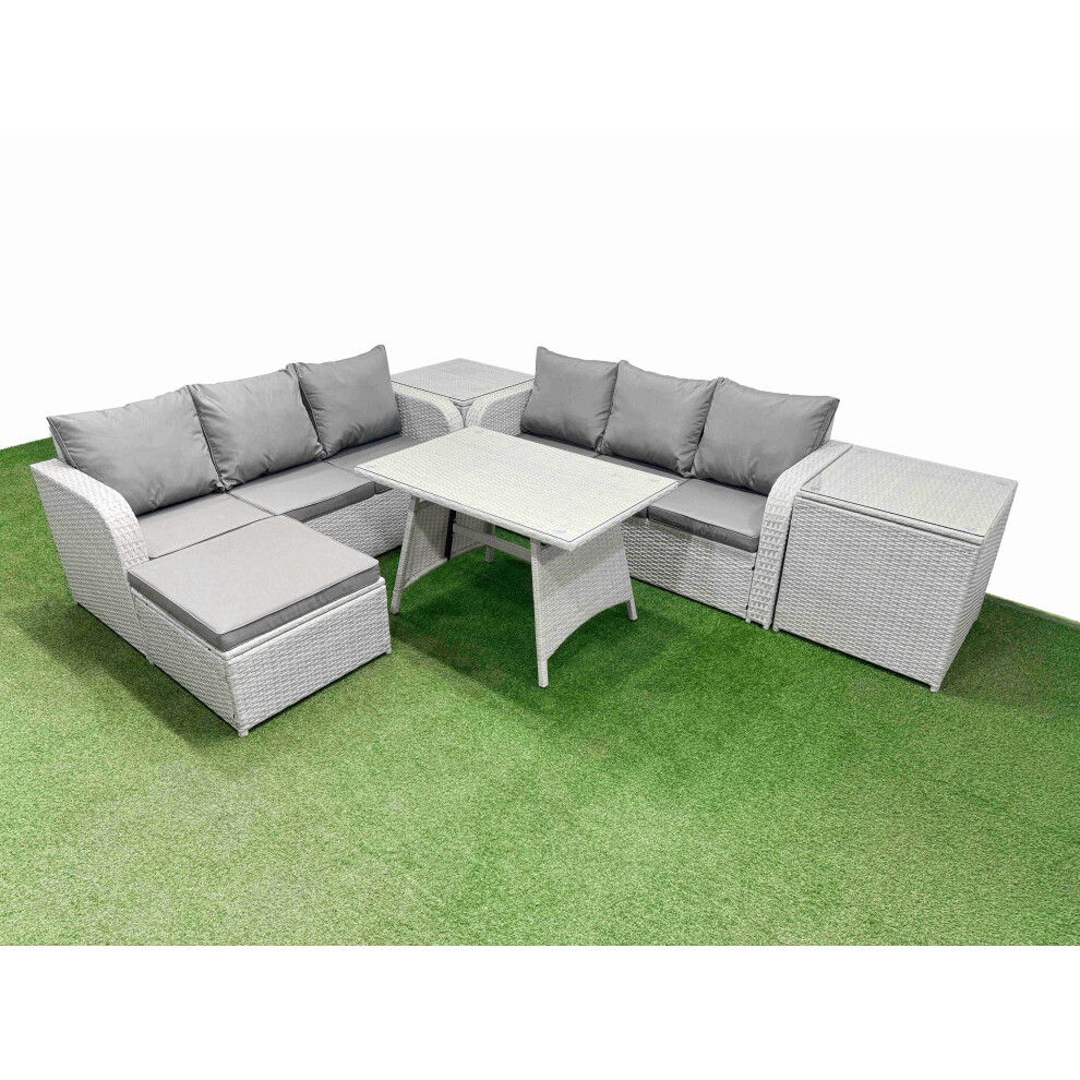 Fimous Patio Dining Table & Chairs Set Rattan High Back Lounge Sofa Set with 3 Seater Sofa 2 Side Tables Big Stool Light Grey