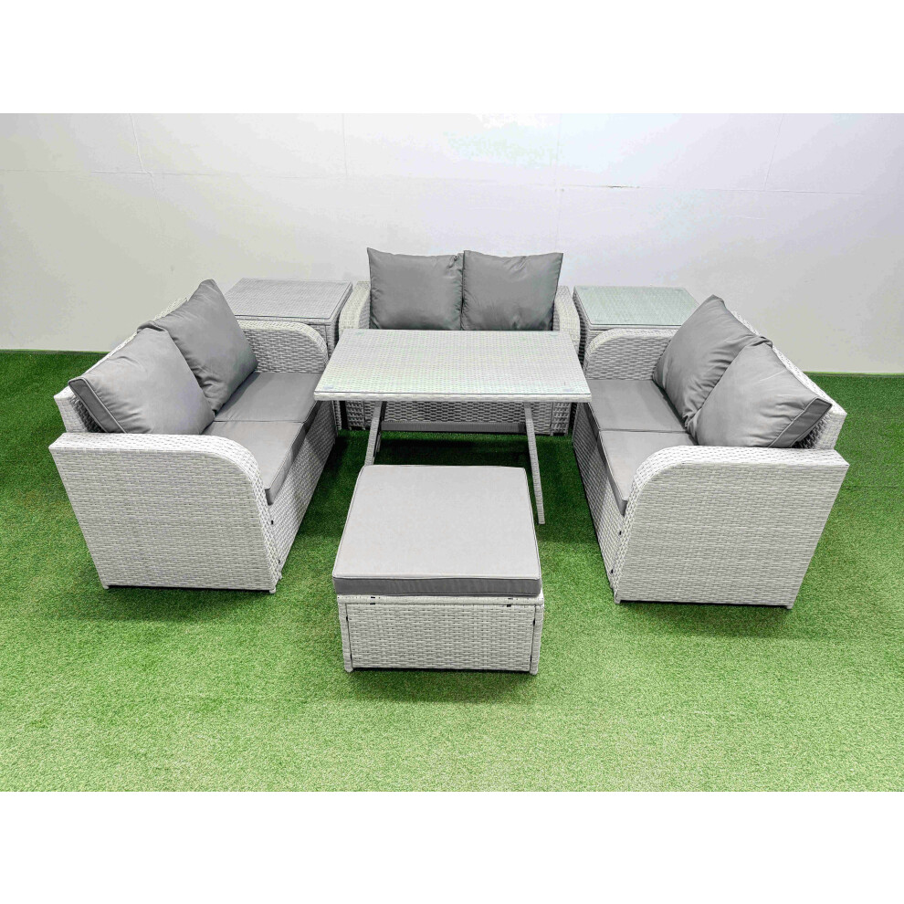 Fimous Unisex Light Grey 7-Seater Patio Rectangular Table Love Sofa Set With 2 Side Tables In Size 7 - Image 2