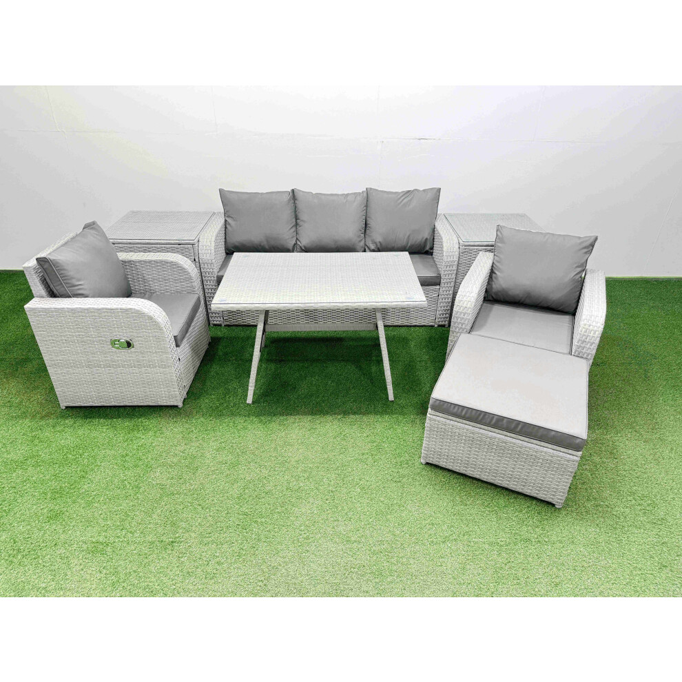 Fimous Reclining Chair 3 Seat Sofa Set Garden Furniture Set with Rectangular Dining Table 2 Side Tables Big Footstool Light Grey