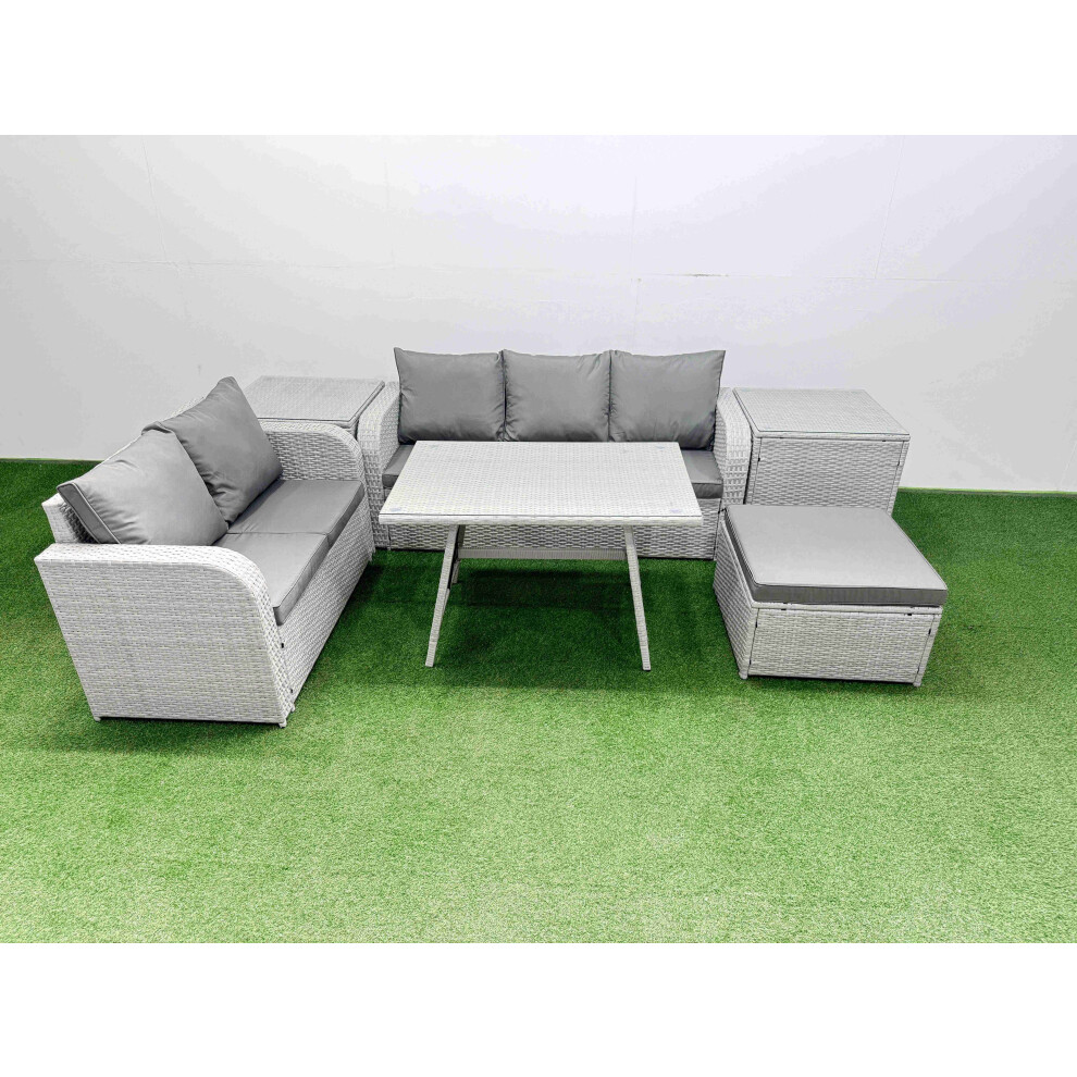 Fimous Outdoor PE Rattan Garden Furniture Set Rectangular Dining Table Sofa Set with Big Stool 2 Side Tables Light Grey