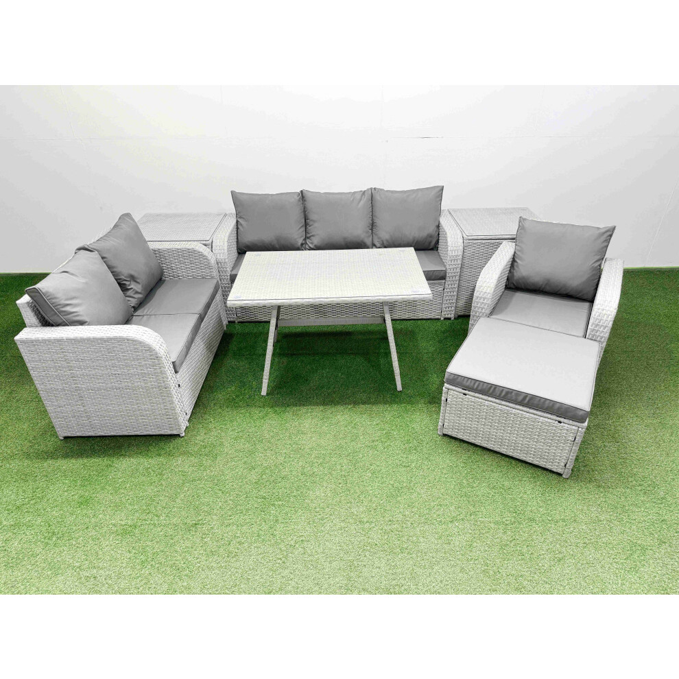 Fimous Light/Grey Rattan High Back Lounge Sofa Set Patio Dining Table & Chairs Set With 3 Seater Sofa Reclining Chair 2 Side Tables Big Stool - Image 2