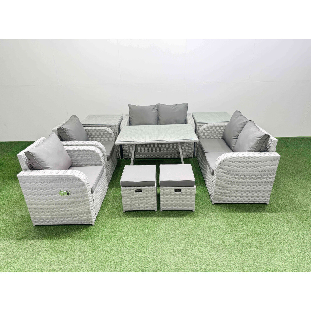 Fimous 8 Seater Rattan Garden Furniture Set Outdoor Love Sofa Set with Rectangular Dining Table 2 Side Tables 2 Small Footstools Light Grey