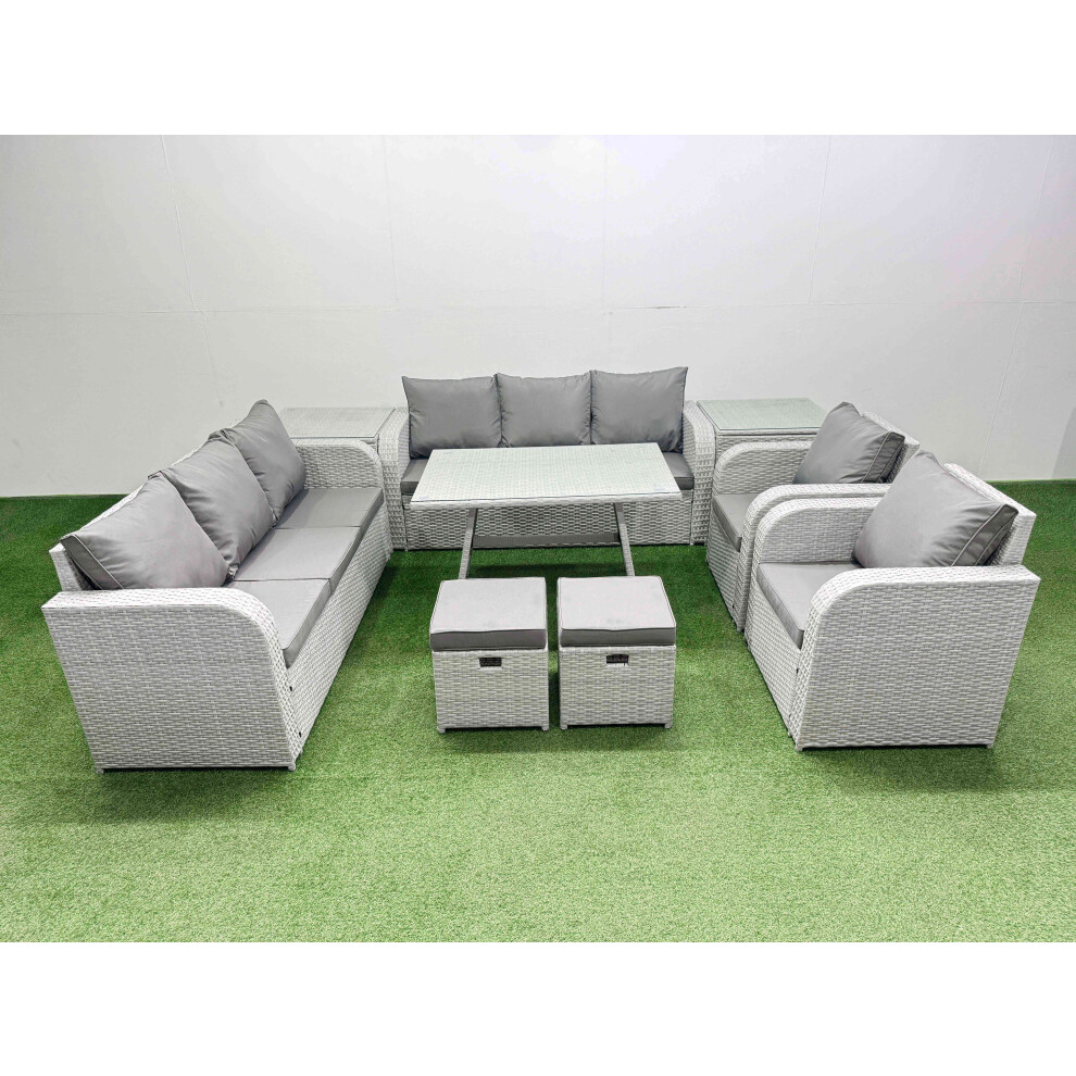 Fimous Rattan High Back Lounge Sofa Set Patio Dining Table & Chairs Set with 3 Seater Sofa 2 Reclining Chairs 2 Side Tables 2 Small Stool Light Grey