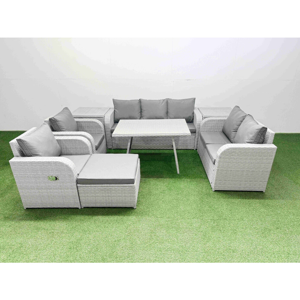 Fimous Light/Grey Pe Rattan Garden Furniture Set Outdoor Rectangular Dining Table Sofa Set With Reclining Chair Big Stool 2 Side Tables - Image 2