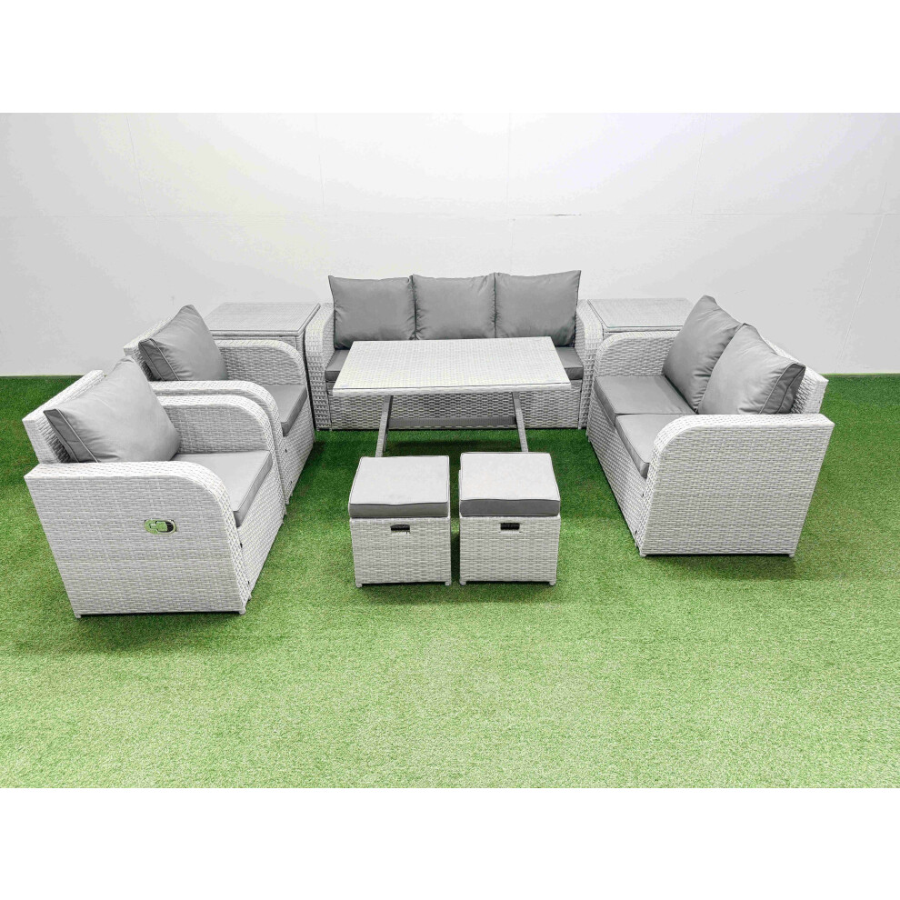 Rackhams Light/Grey Pe Rattan Garden Furniture Set Outdoor Rectangular Dining Table Sofa Set With Reclining Chair 2 Small Stool 2 Side Tables - Image 2