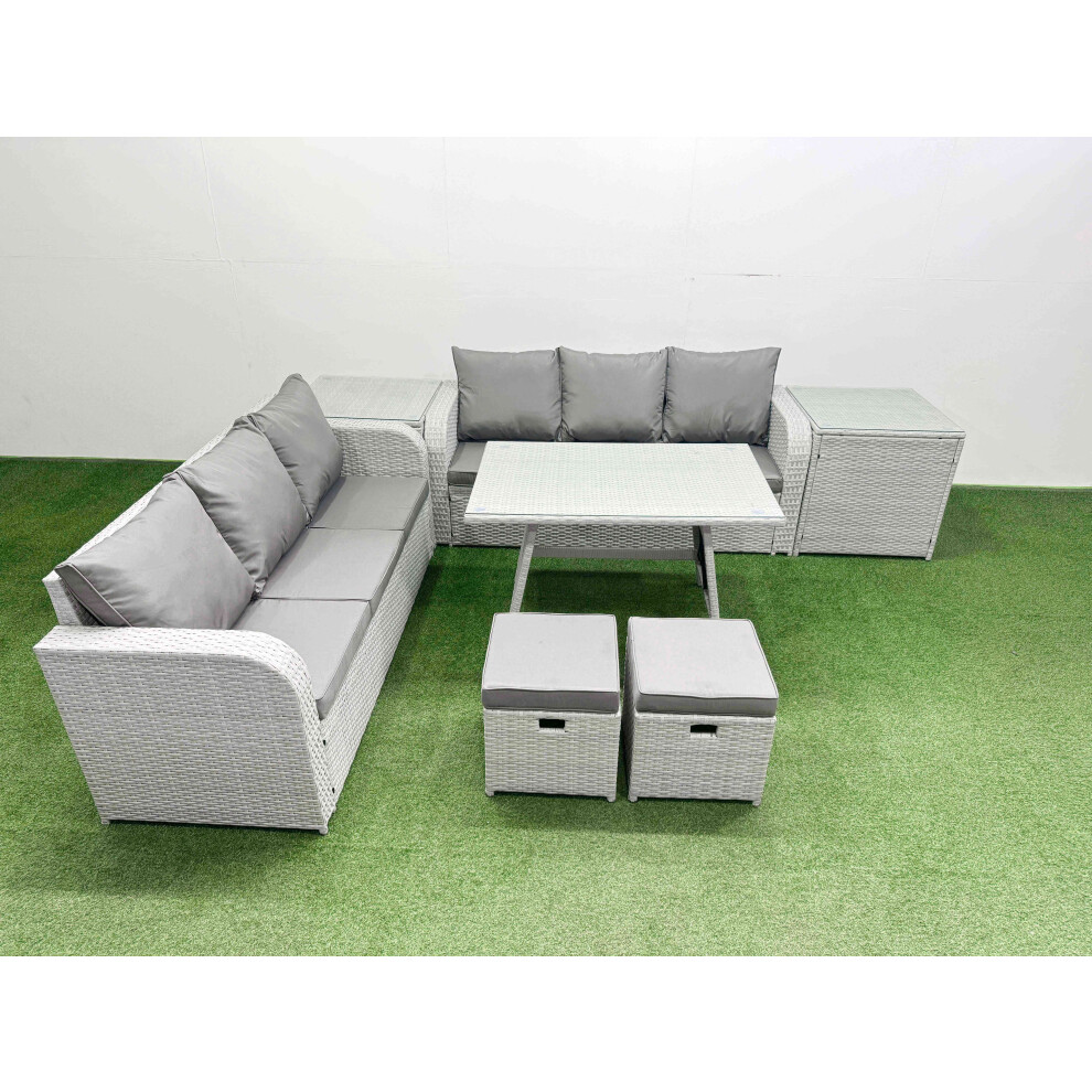 Fimous Patio Dining Table & Chairs Set Rattan High Back Lounge Sofa Set with 3 Seater Sofa 2 Side Tables 2 Small Stool Light Grey