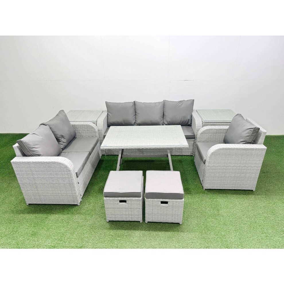 Fimous Rattan High Back Lounge Sofa Set Patio Dining Table & Chairs Set with 3 Seater Sofa Reclining Chair 2 Side Tables 2 Small Stool Light Grey