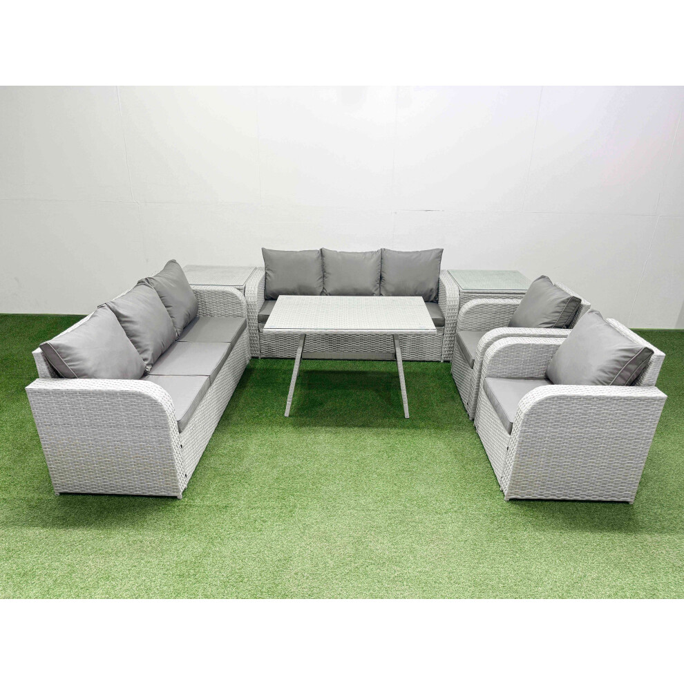 Fimous Rattan High Back Lounge Sofa Set Patio Dining Table & Chairs Set with 3 Seater Sofa 2 Reclining Chairs 2 Side Tables Light Grey