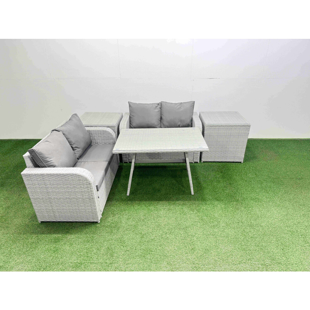 Rackhams Light/Grey 4 Seat Outdoor Love Sofa Set Rattan Garden Furniture Set With Rectangular Dining Table 2 Side Tables - Image 2