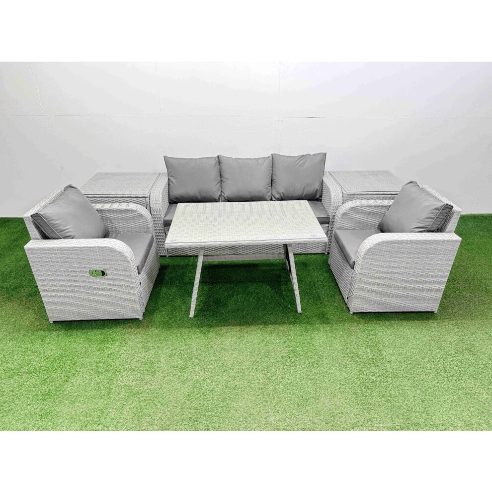 Fimous Reclining Chair 3 Seat Sofa Set Garden Furniture Set with Rectangular Dining Table 2 Side Tables Light Grey