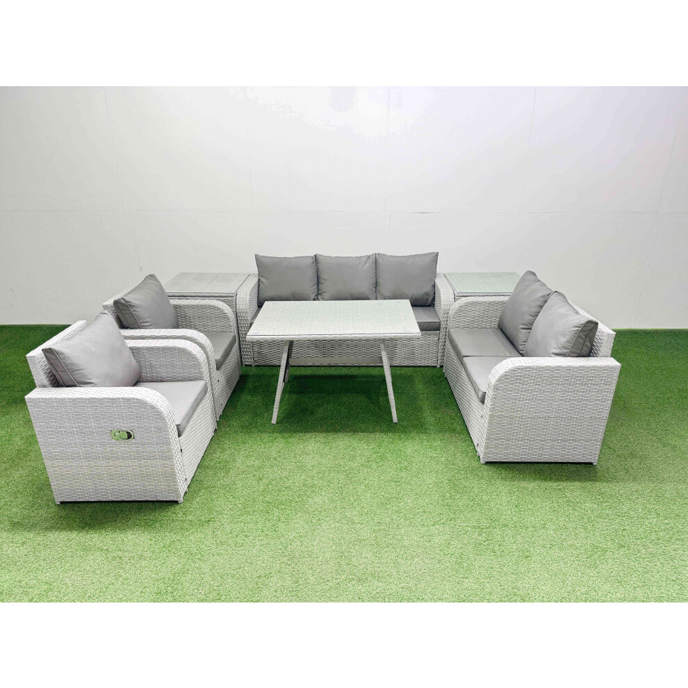 Rackhams Light/Grey Pe Rattan Garden Furniture Set Outdoor Rectangular Dining Table Sofa Set With Reclining Chair 2 Side Tables - Image 2