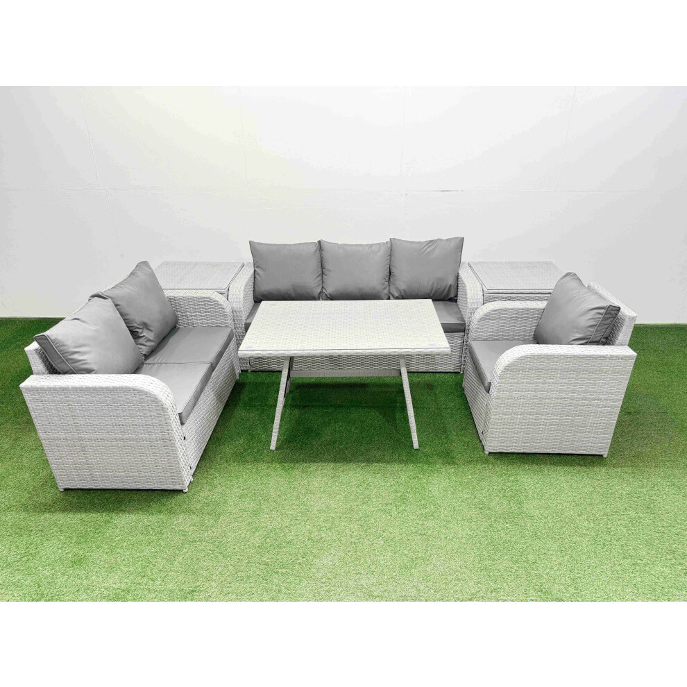 Rackhams Light/Grey Rattan High Back Lounge Sofa Set Patio Dining Table & Chairs Set With 3 Seater Sofa Reclining Chair 2 Side Tables - Image 2