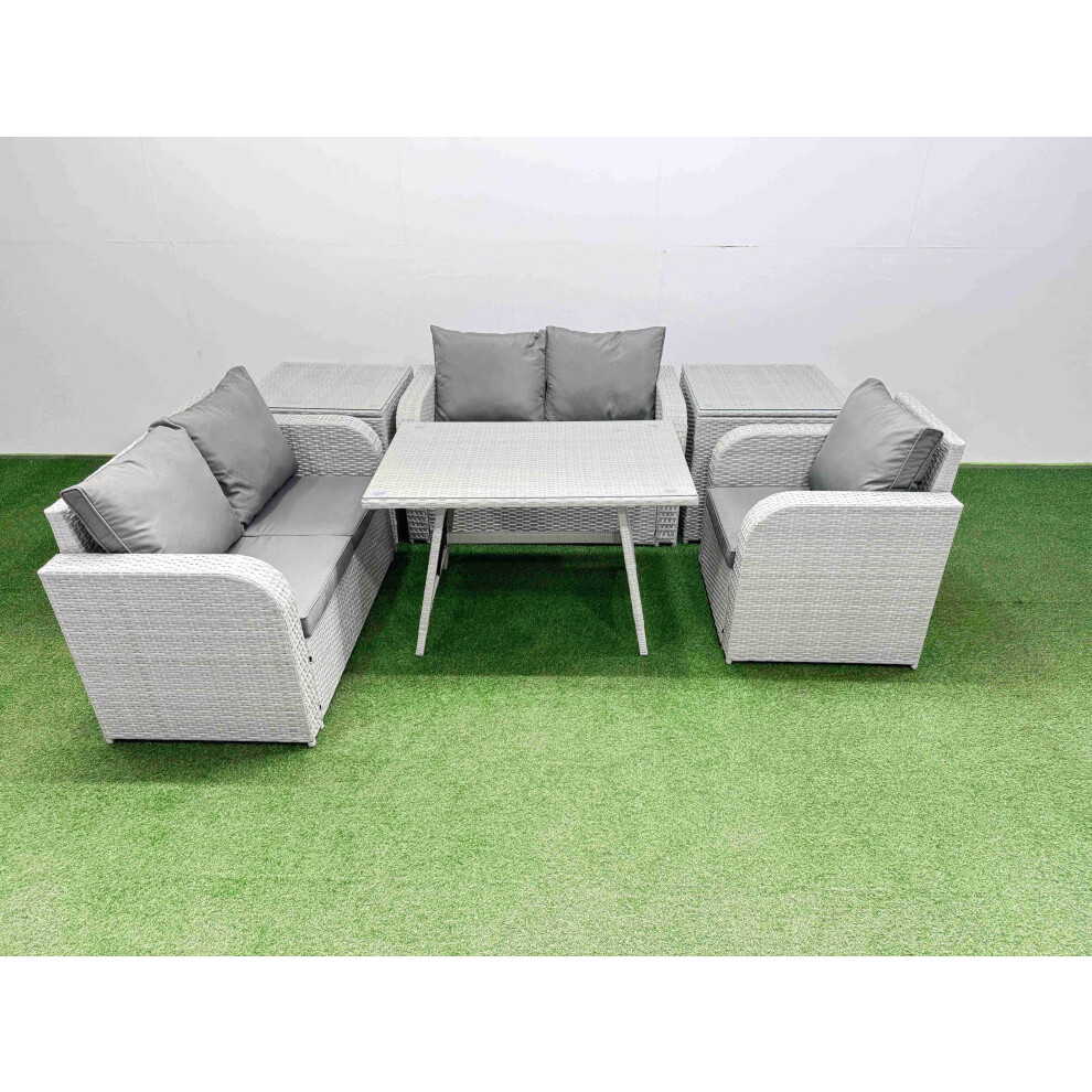 Rackhams Light/Grey 5 Seater Outdoor Rattan Garden Furniture Set Love Sofa Reclining Chair Set With Rectangular Dining Table 2 Side Tables - Image 2