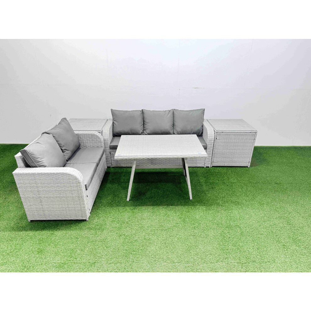 Fimous Outdoor PE Rattan Garden Furniture Set Rectangular Dining Table Sofa Set with 2 Side Tables Light Grey