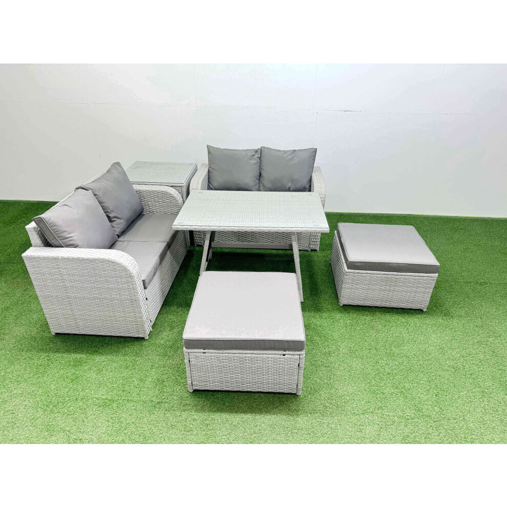 Fimous Light/Grey 6 Seater Outdoor Love Sofa Set Rattan Garden Furniture Set With Rectangular Dining Table Side Table 2 Big Footstool - Image 2