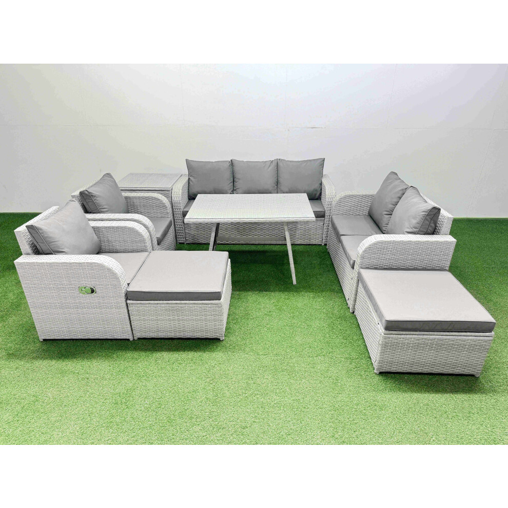 Fimous PE Rattan Garden Furniture Set Outdoor Rectangular Dining Table Sofa Set with Reclining Chair 2 Big Stool Side Table Light Grey