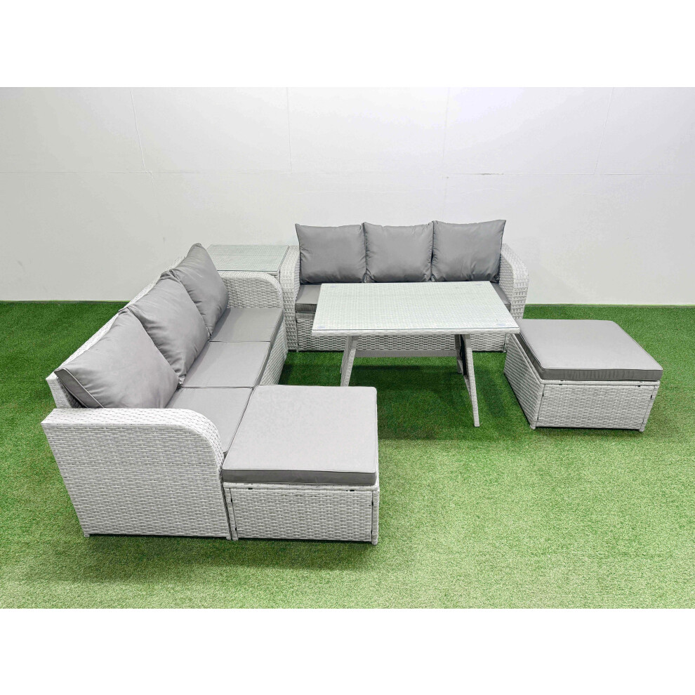 Fimous Light/Grey Patio Dining Table & Chairs Set Rattan High Back Lounge Sofa Set With 3 Seater Sofa Side Table 2 Big Stool - Image 2