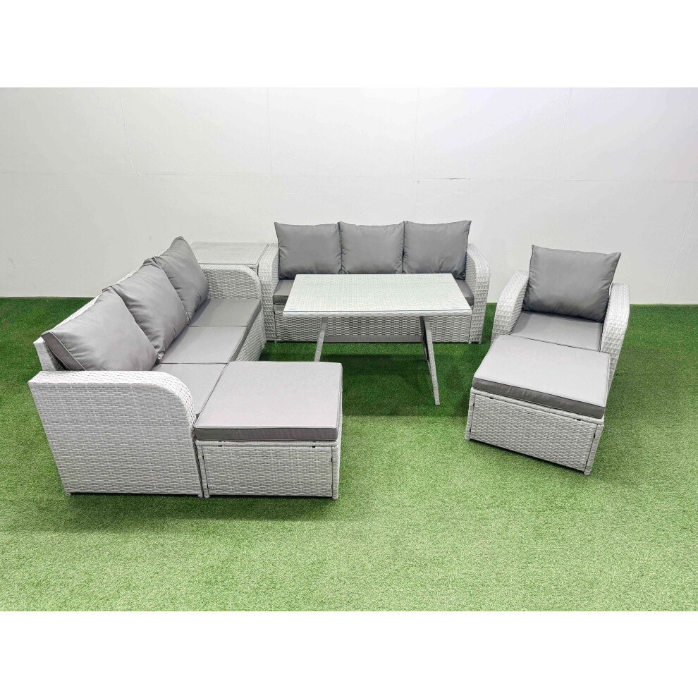 Fimous 7 Pieces Outdoor PE Rattan Garden Furniture with Cushions Reclining Chair Side Table 2 Big Stools Light Grey