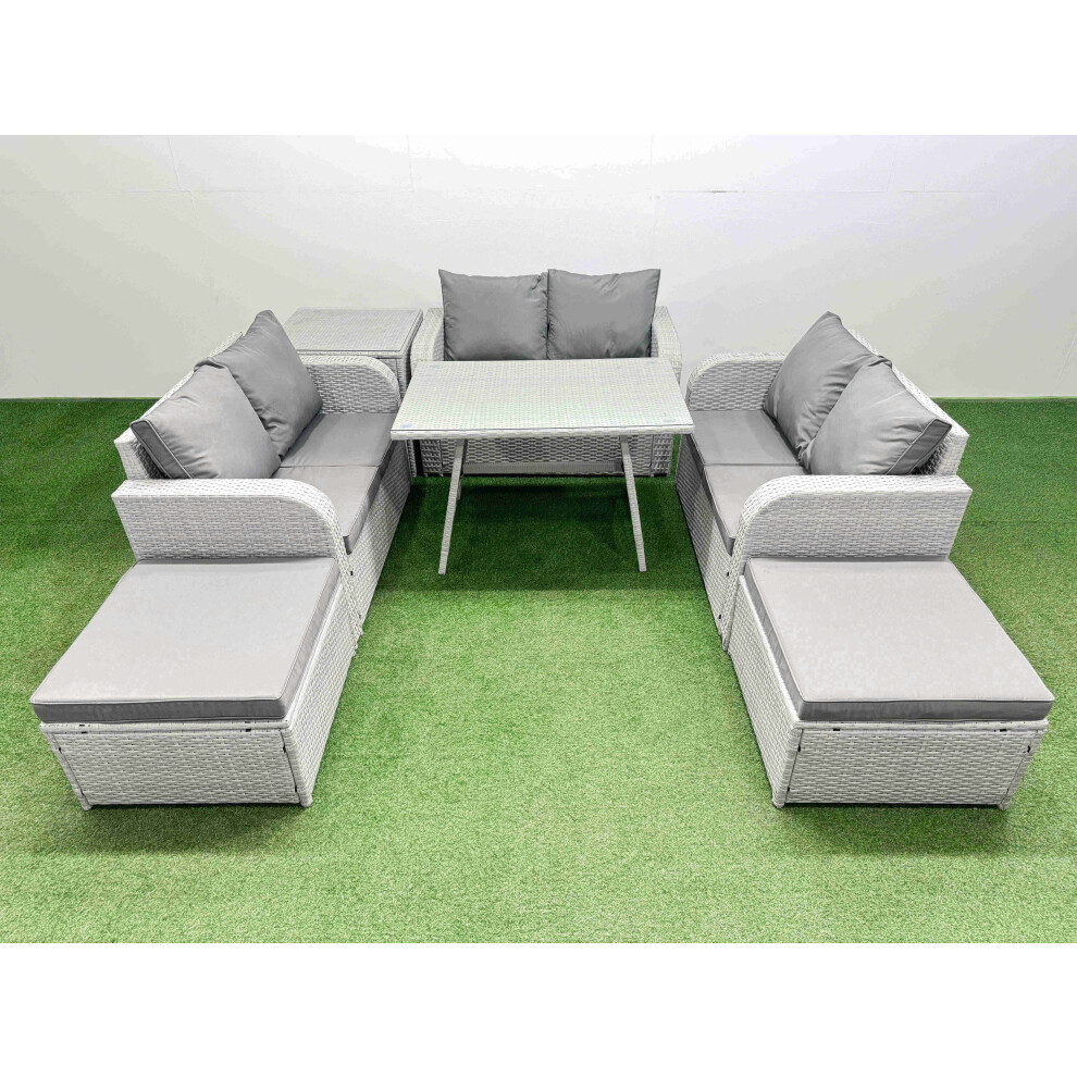 Fimous Rattan Garden Furniture Dining Set 8-seater Patio Rectangular Table Love Sofa Set with Side Table 2 Big Stools