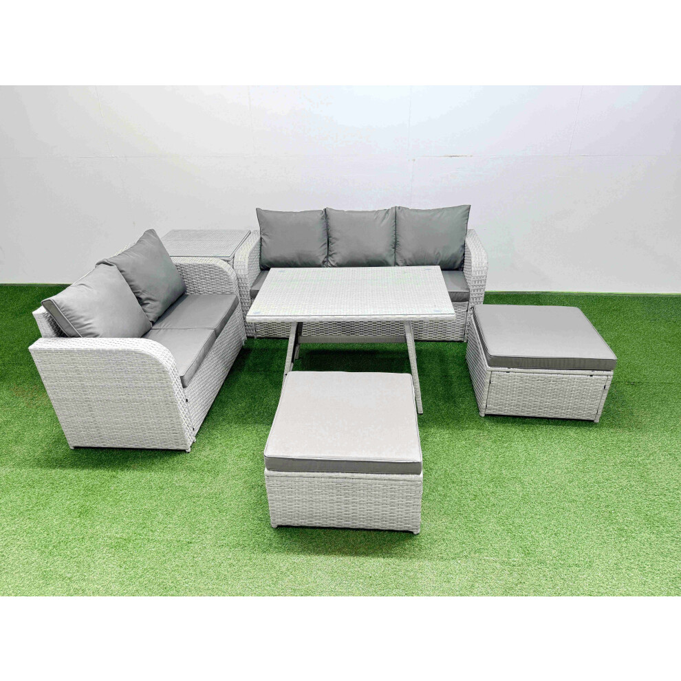 Fimous Outdoor PE Rattan Garden Furniture Set Rectangular Dining Table Sofa Set with 2 Big Stool Side Table Light Grey