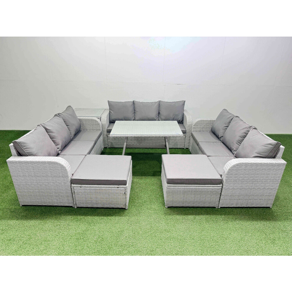Fimous 11 Seat Outdoor PE Rattan Garden Furniture with Cushions 3 Seater Sofa Side Table 2 Big Stools Light Grey