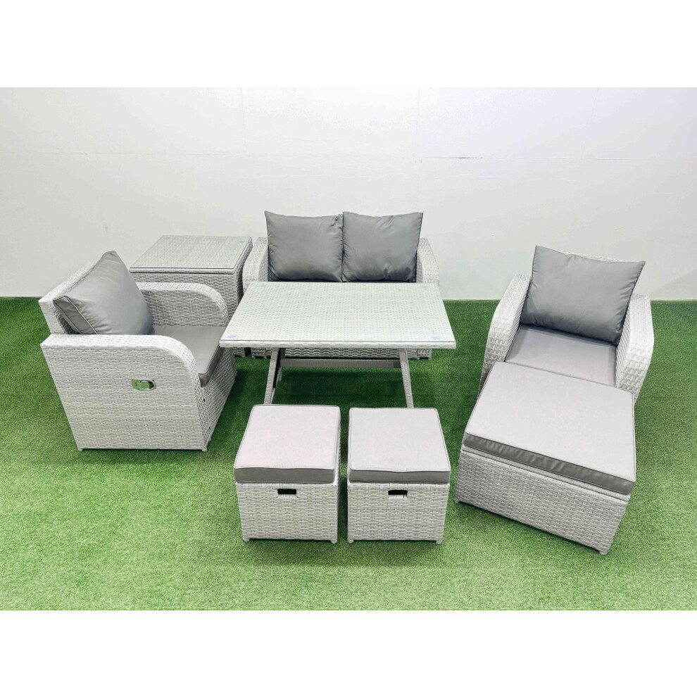 Fimous Light Grey PE Wicker Rattan Garden Furniture Set Sofa Set Reclining Chair Love Sofa Rectangular Dining Table 3 Stools Side Table