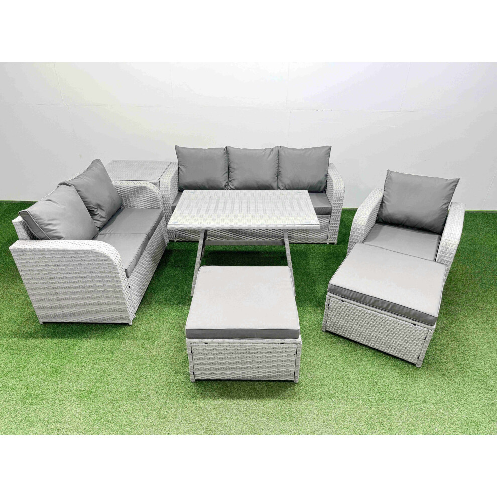 Fimous Rattan High Back Lounge Sofa Set Patio Dining Table & Chairs Set with 3 Seater Sofa Reclining Chair Side Table 2 Big Stool Light Grey