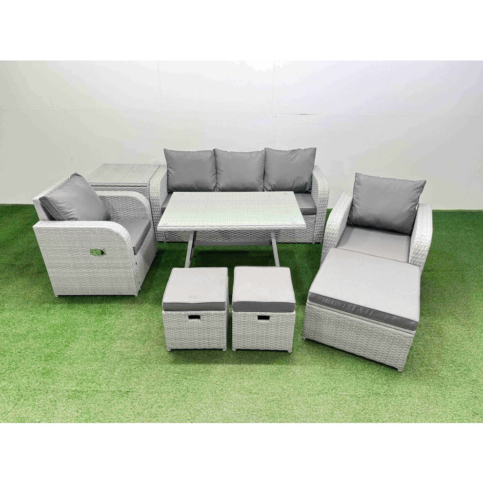 Fimous Reclining Chair 3 Seat Sofa Set Garden Furniture Set With Rectangular Dining Table Side Table 3 Footstools Light Grey