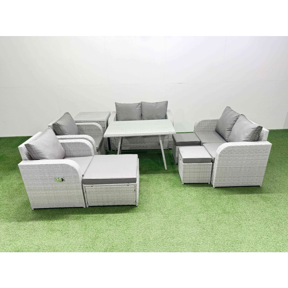 Fimous 9 Seater Rattan Garden Furniture Set Outdoor Love Sofa Set with Rectangular Dining Table Side Table 3 Footstools Light Grey