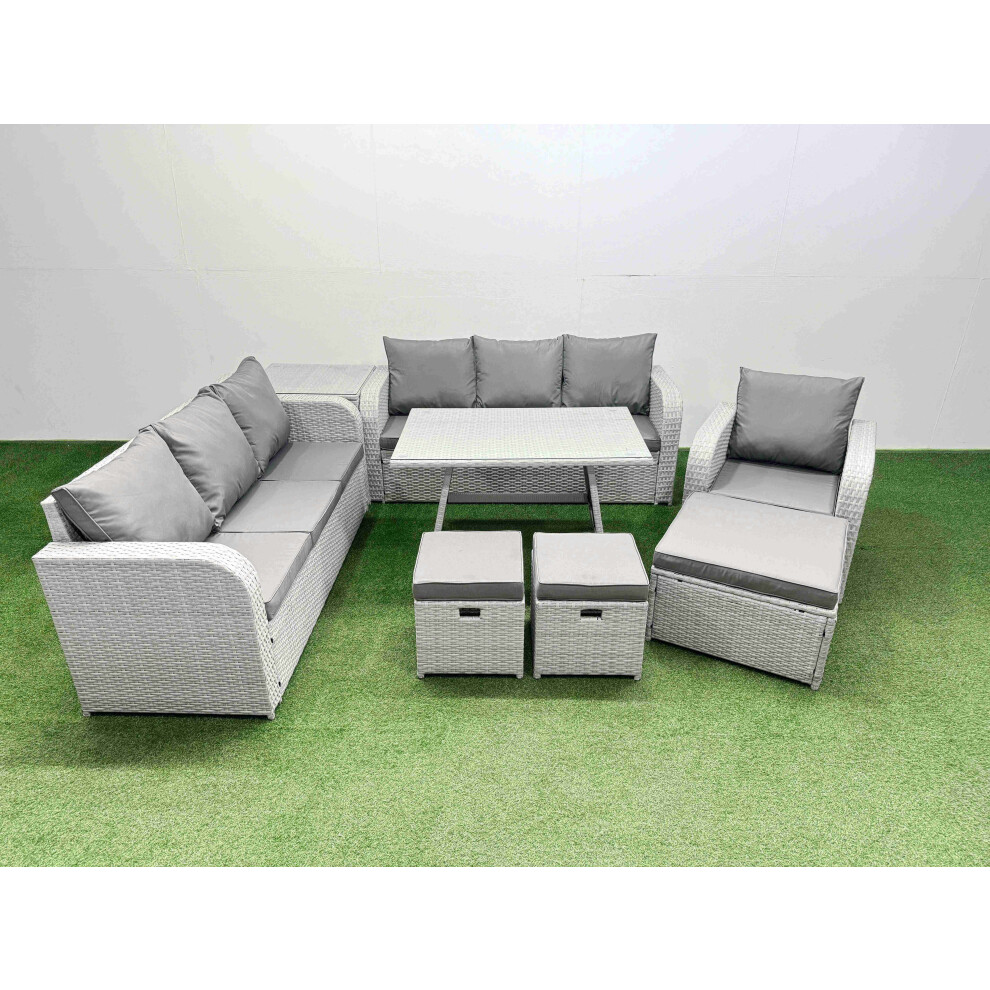 Fimous 8 Pieces Outdoor PE Rattan Garden Furniture with Cushions Reclining Chair Side Table 3 Stool Light Grey