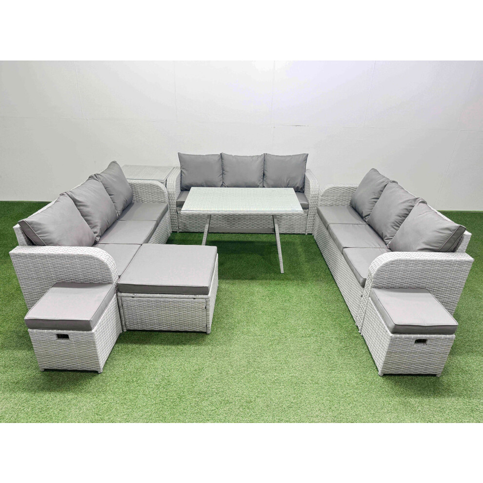 Fimous 12 Seat Outdoor PE Rattan Garden Furniture with Cushions 3 Seater Sofa Side Table 3 Stool Light Grey
