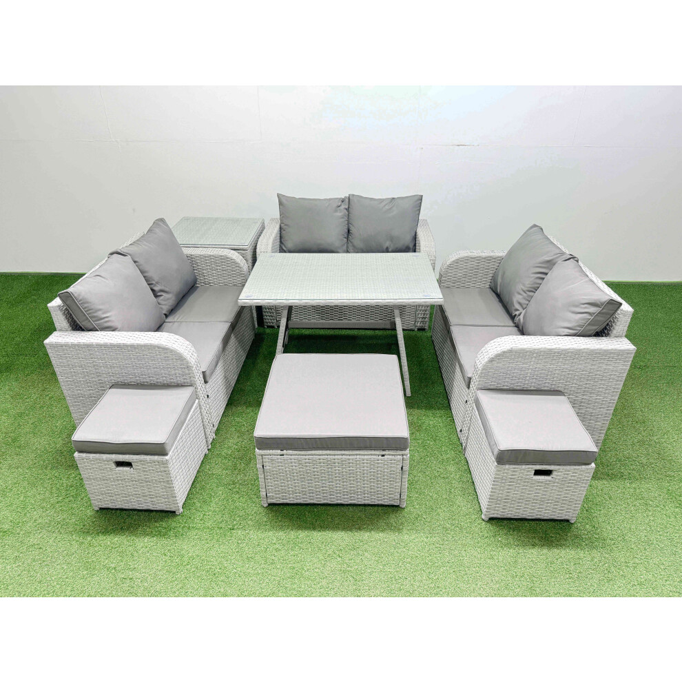 Rackhams Rattan Garden Furniture Dining Set 9 Seater Patio Rectangular Table Love Sofa Set With Side Table 3 Stools - Image 2