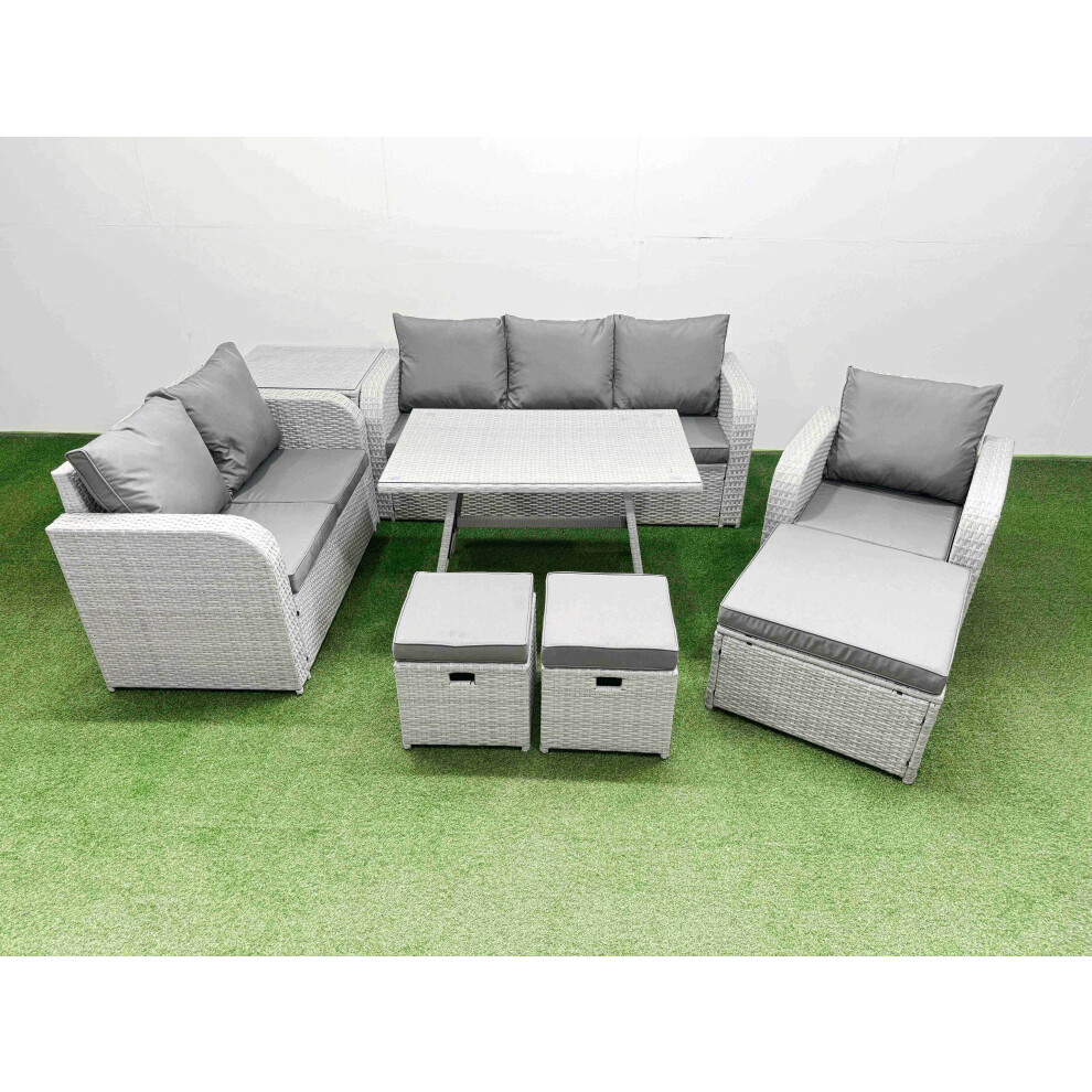Fimous Rattan High Back Lounge Sofa Set Patio Dining Table & Chairs Set with 3 Seater Sofa Reclining Chair Side Table 3 Stool Light Grey