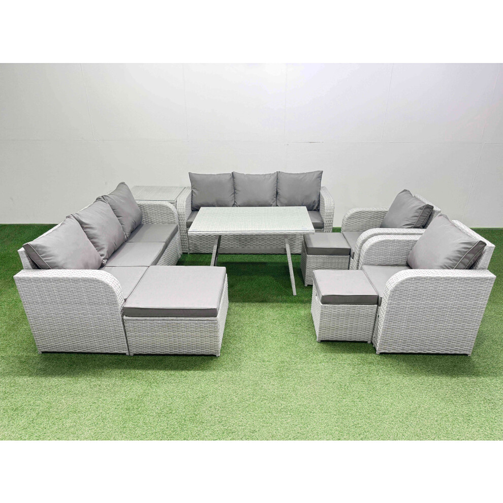 Fimous Rattan High Back Lounge Sofa Set Patio Dining Table & Chairs Set with 3 Seater Sofa 2 Reclining Chairs Side Table 3 Stool Light Grey