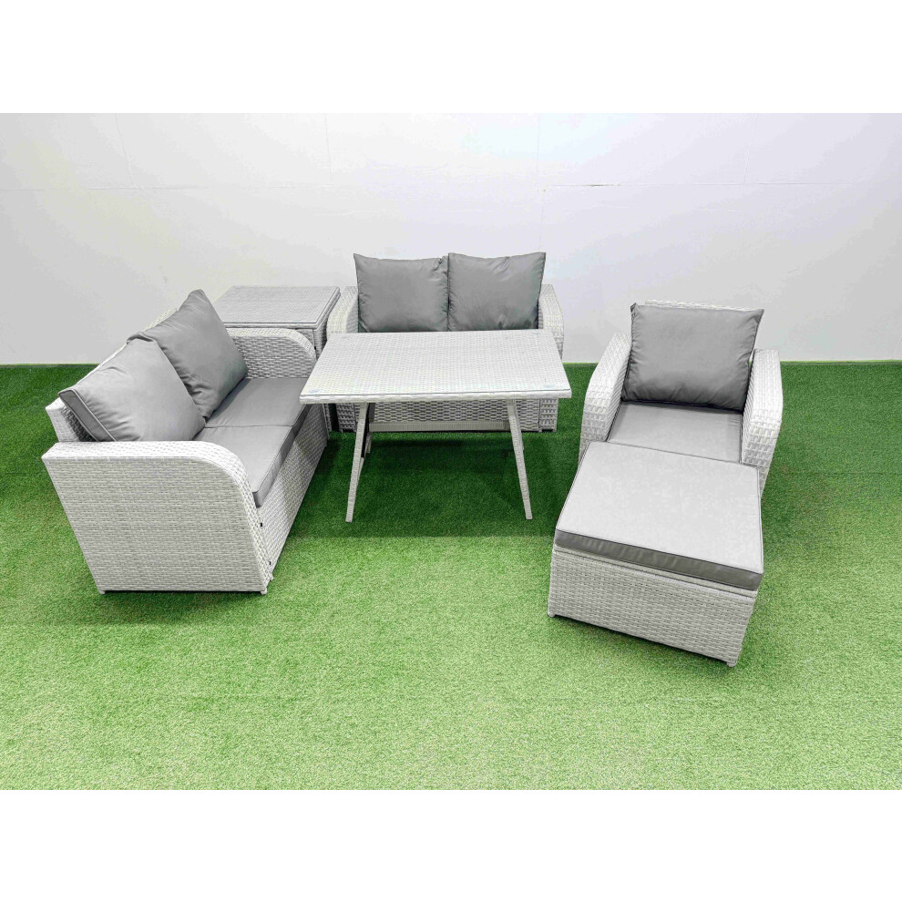 B&Q - 6 Seater Outdoor Rattan Garden Furniture Set With Rectangular Dining Table Side Table Big Footstool Light Grey - Image 2