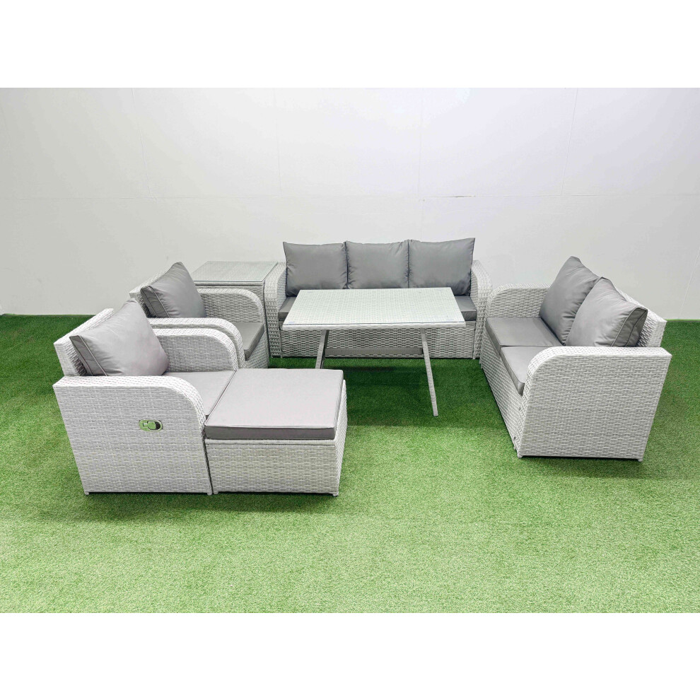Rackhams Light/Grey Pe Rattan Garden Furniture Set Outdoor Rectangular Dining Table Sofa Set With Reclining Chair Big Stool Side Table - Image 2
