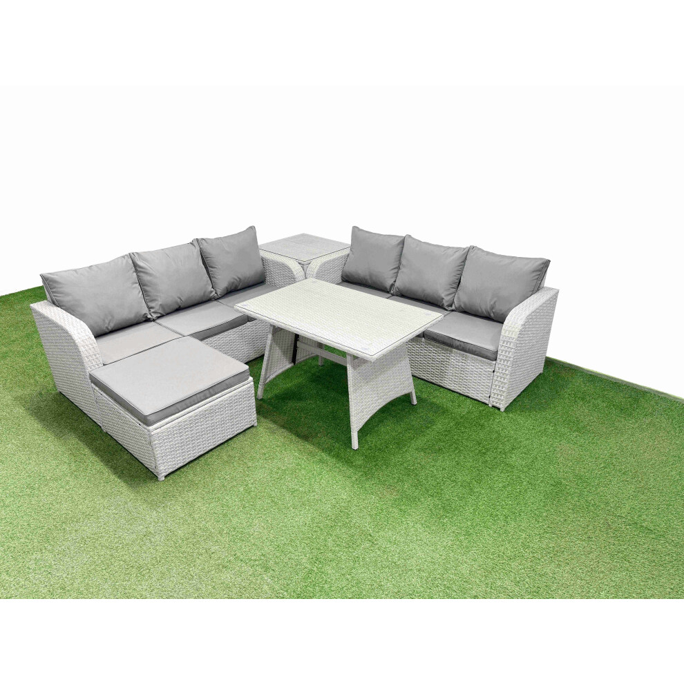 Rackhams Light/Grey Patio Dining Table & Chairs Set Rattan High Back Lounge Sofa Set With 3 Seater Sofa Side Table Big Stool - Image 2