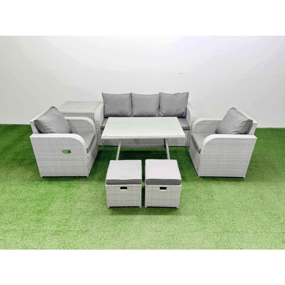 Fimous Reclining Chair 3 Seat Sofa Set Garden Furniture Set With Rectangular Dining Table Side Table 2 Small Footstools Light Grey