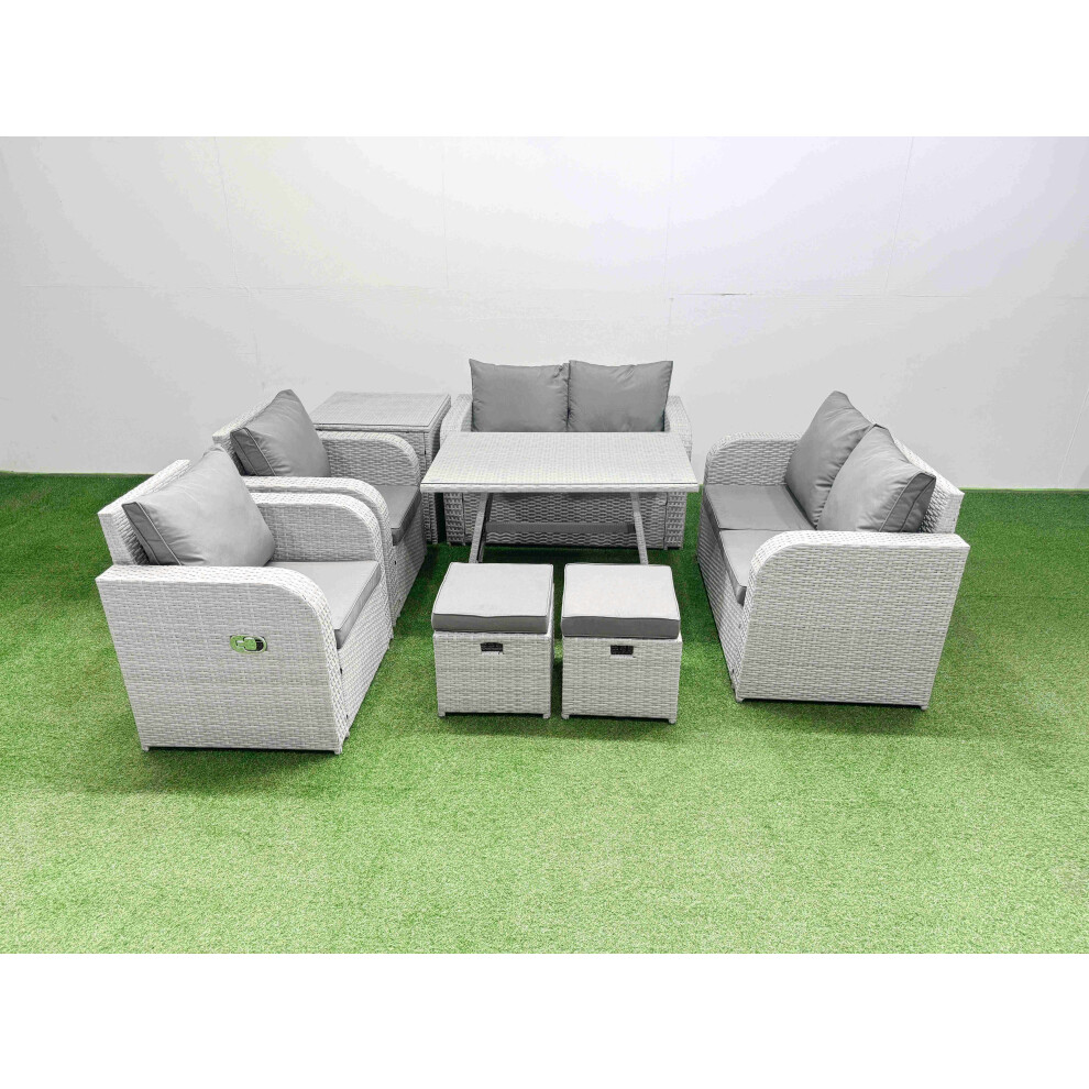 B&Q - 8 Seater Rattan Garden Furniture Set Outdoor Love Sofa Set With Dining Table Side Table 2 Small Footstools Light Grey - Image 2