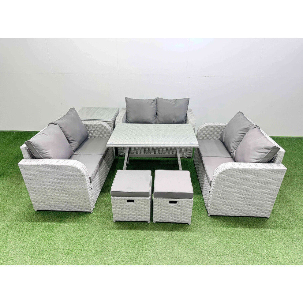Fimous Rattan Garden Furniture Dining Set 8-Seater Patio Rectangular Table Love Sofa Set With Side Table 2 Small Stools
