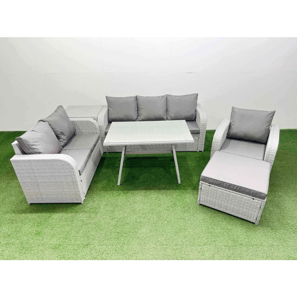 Fimous Rattan High Back Lounge Sofa Set Patio Dining Table & Chairs Set with 3 Seater Sofa Reclining Chair Side Table Big Stool Light Grey