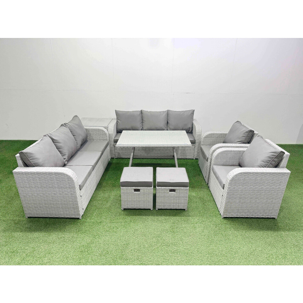 Rackhams Light/Grey Rattan High Back Lounge Sofa Set Patio Dining Table & Chairs Set With 3 Seater Sofa 2 Reclining Chairs Side Table 2 Small Stool - Image 2