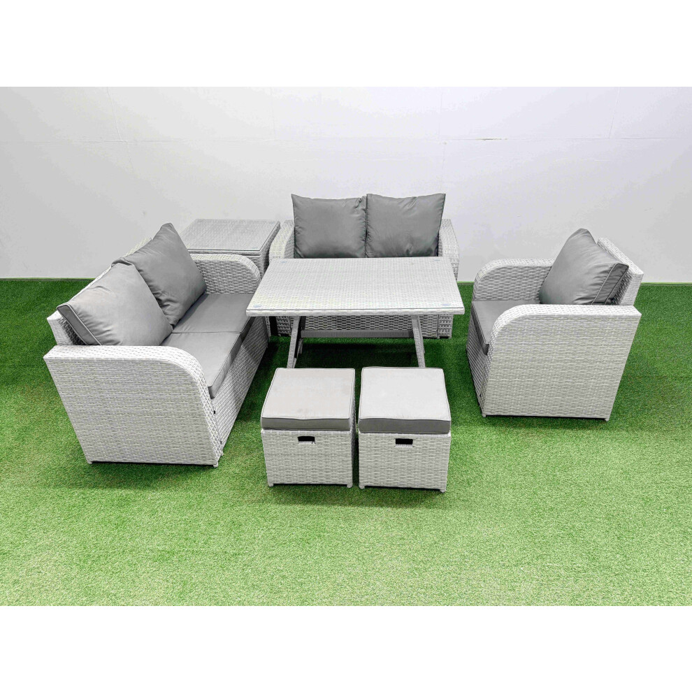 Fimous 7 Seater Outdoor Rattan Garden Furniture Set Love Sofa Reclining Chair Set with Rectangular Dining Table Side Table 2 Small Footstools