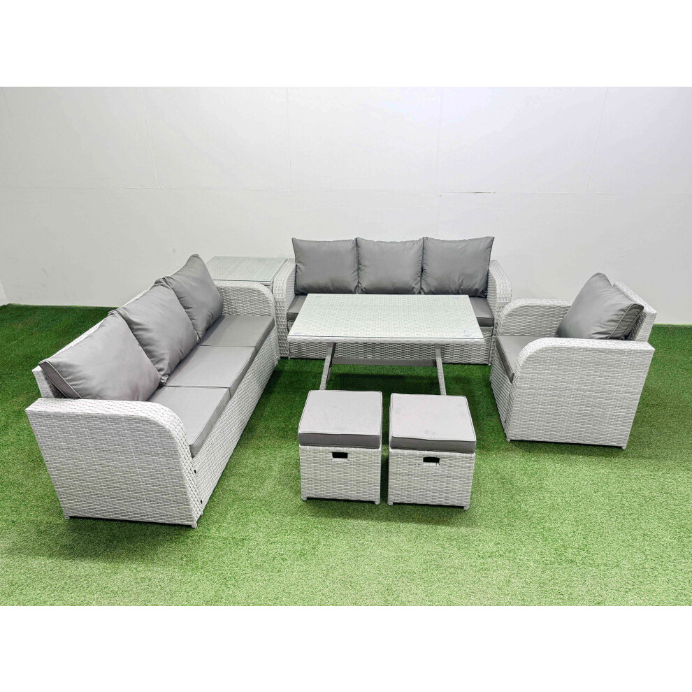 Fimous 7 Pieces Outdoor PE Rattan Garden Furniture with Cushions Reclining Chair Side Table 2 Small Stools Light Grey