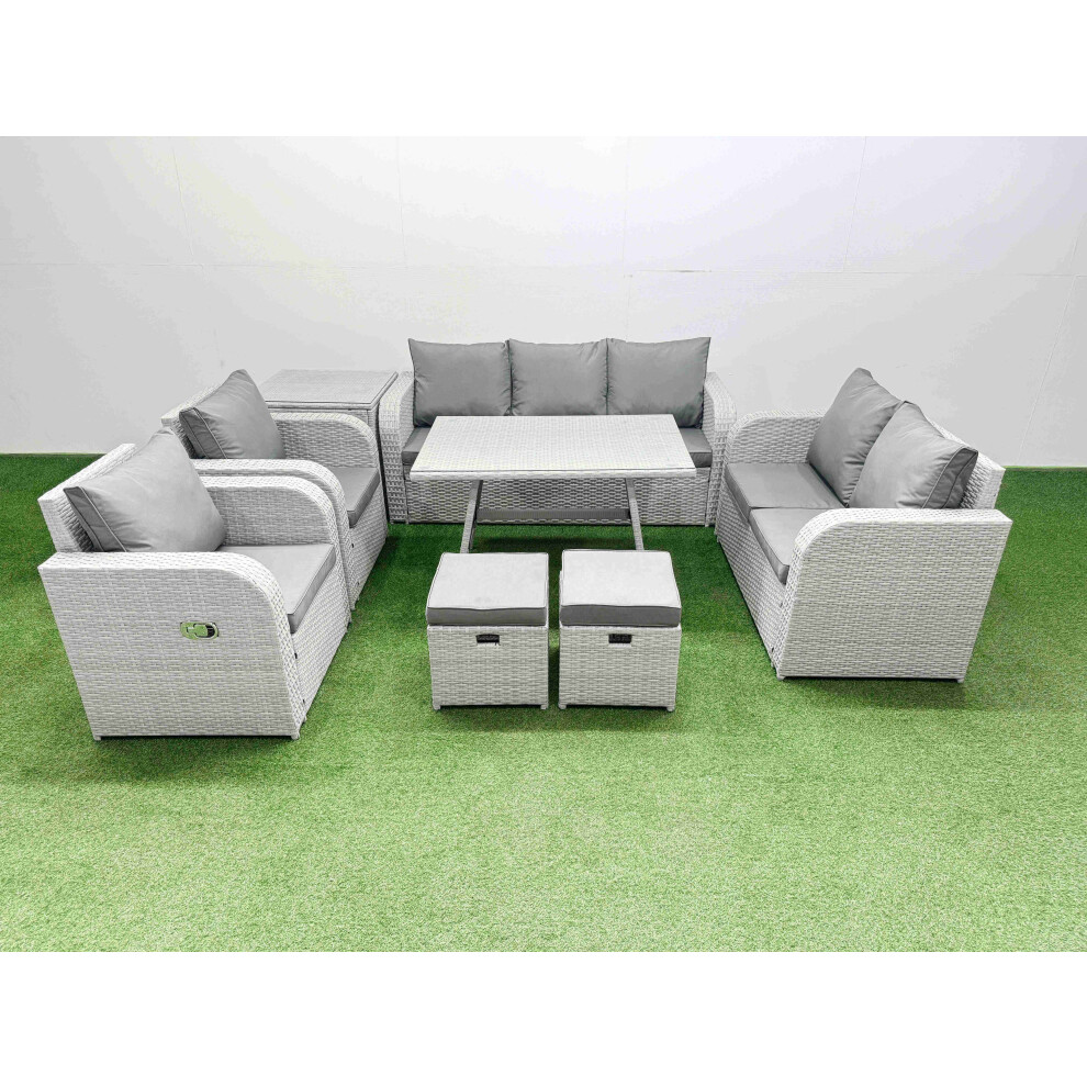 Fimous Light/Grey Pe Rattan Garden Furniture Set Outdoor Rectangular Dining Table Sofa Set With Reclining Chair 2 Small Stool Side Table - Image 2