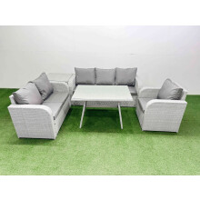 Fimous Rattan High Back Lounge Sofa Set Patio Dining Table & Chairs Set with 3 Seater Sofa Reclining Chair Side Table Light Grey