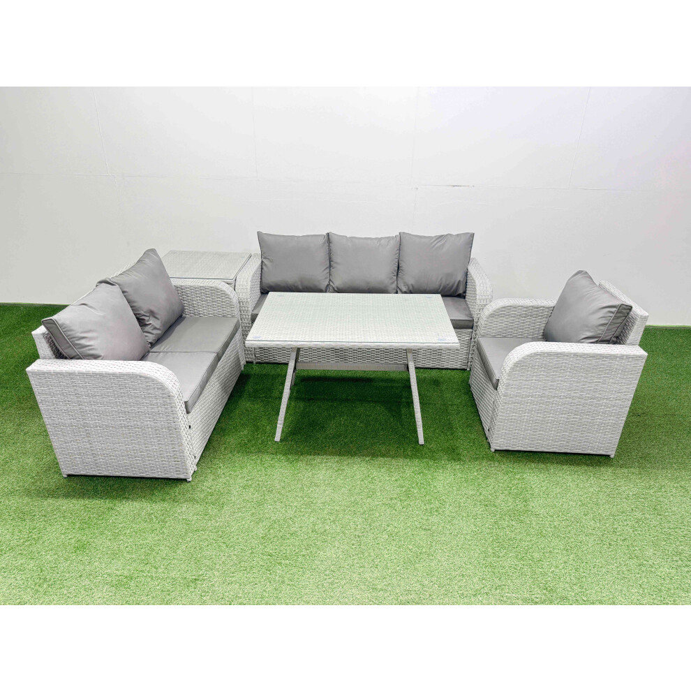 Fimous Light/Grey Rattan High Back Lounge Sofa Set Patio Dining Table & Chairs Set With 3 Seater Sofa Reclining Chair Side Table - Image 2