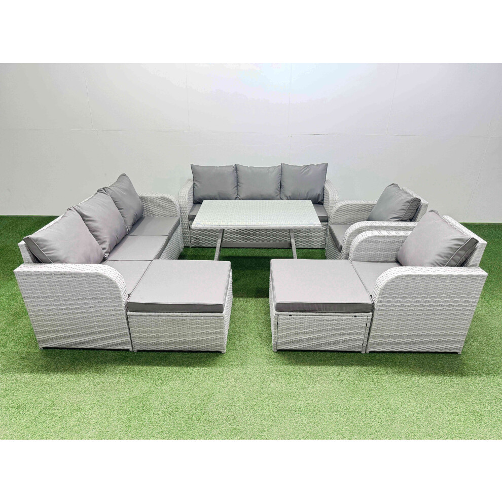 Fimous Rattan High Back Lounge Sofa Set Patio Dining Table & Chairs Set With 3 Seater Sofa 2 Reclining Chairs 2 Big Stool Light Grey