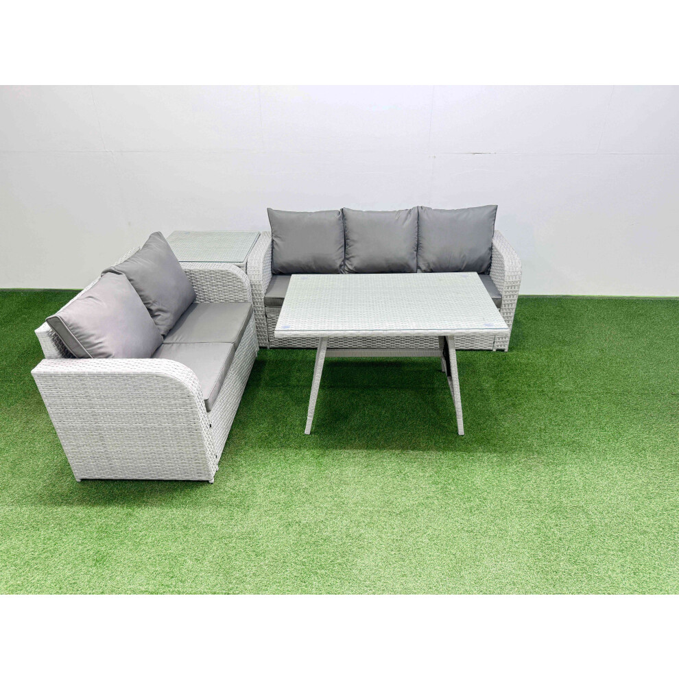 Fimous Outdoor Pe Rattan Garden Furniture Set Rectangular Dining Table Sofa Set With Side Table Light Grey