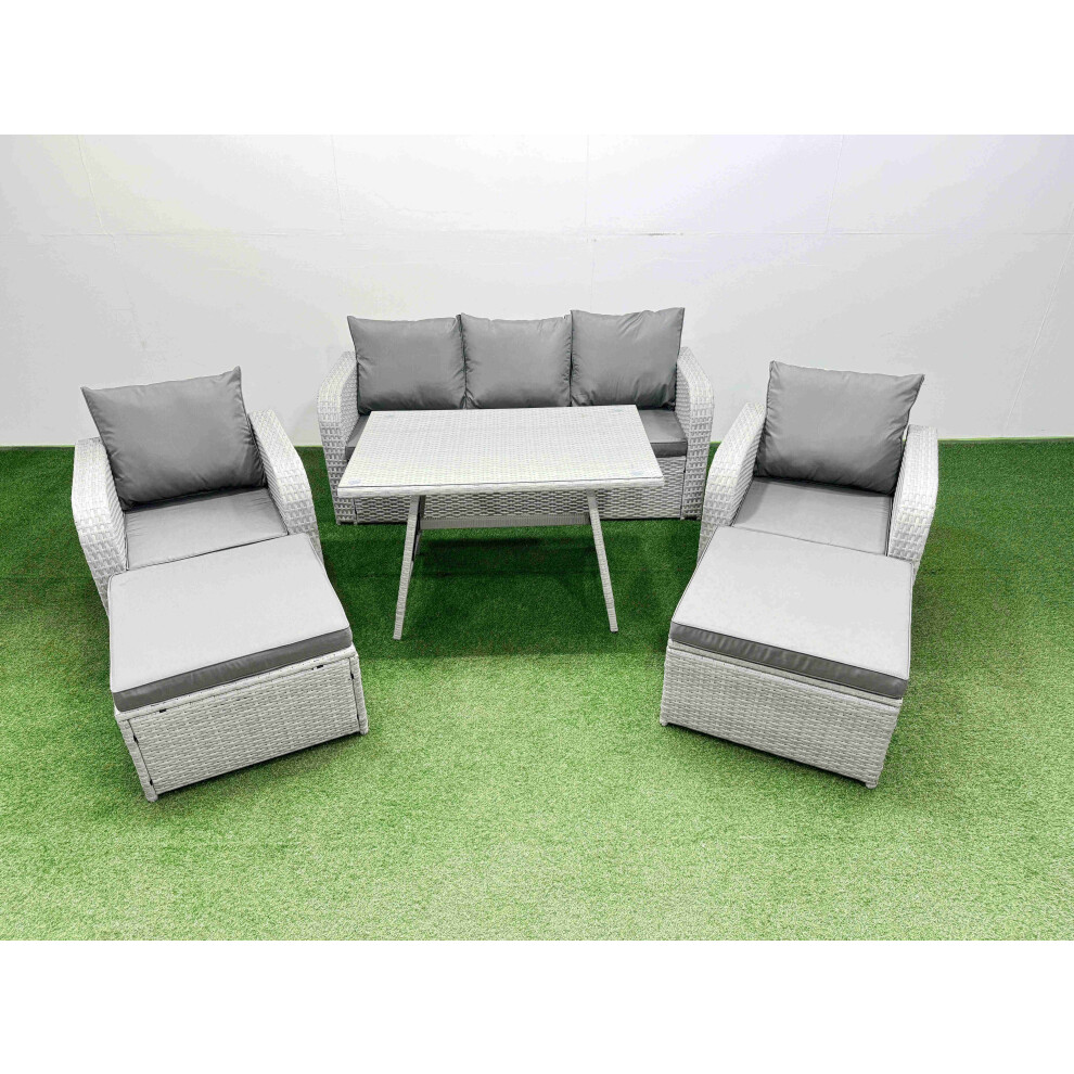 Fimous Reclining Chair 3 Seat Sofa Set Garden Furniture Set with Rectangular Dining Table 2 Big Footstools Light Grey